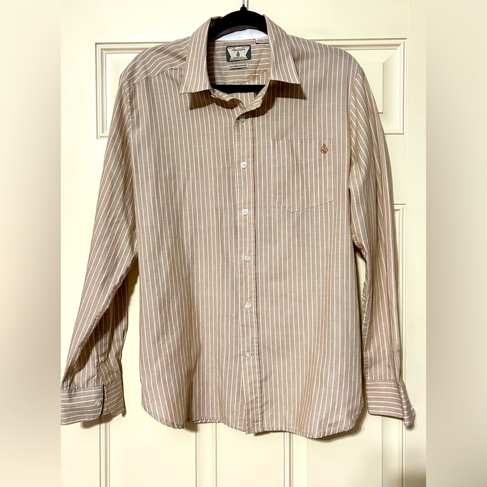 Volcom Men’s Tan Light Brown Striped Collared Button Down Shirt Size M